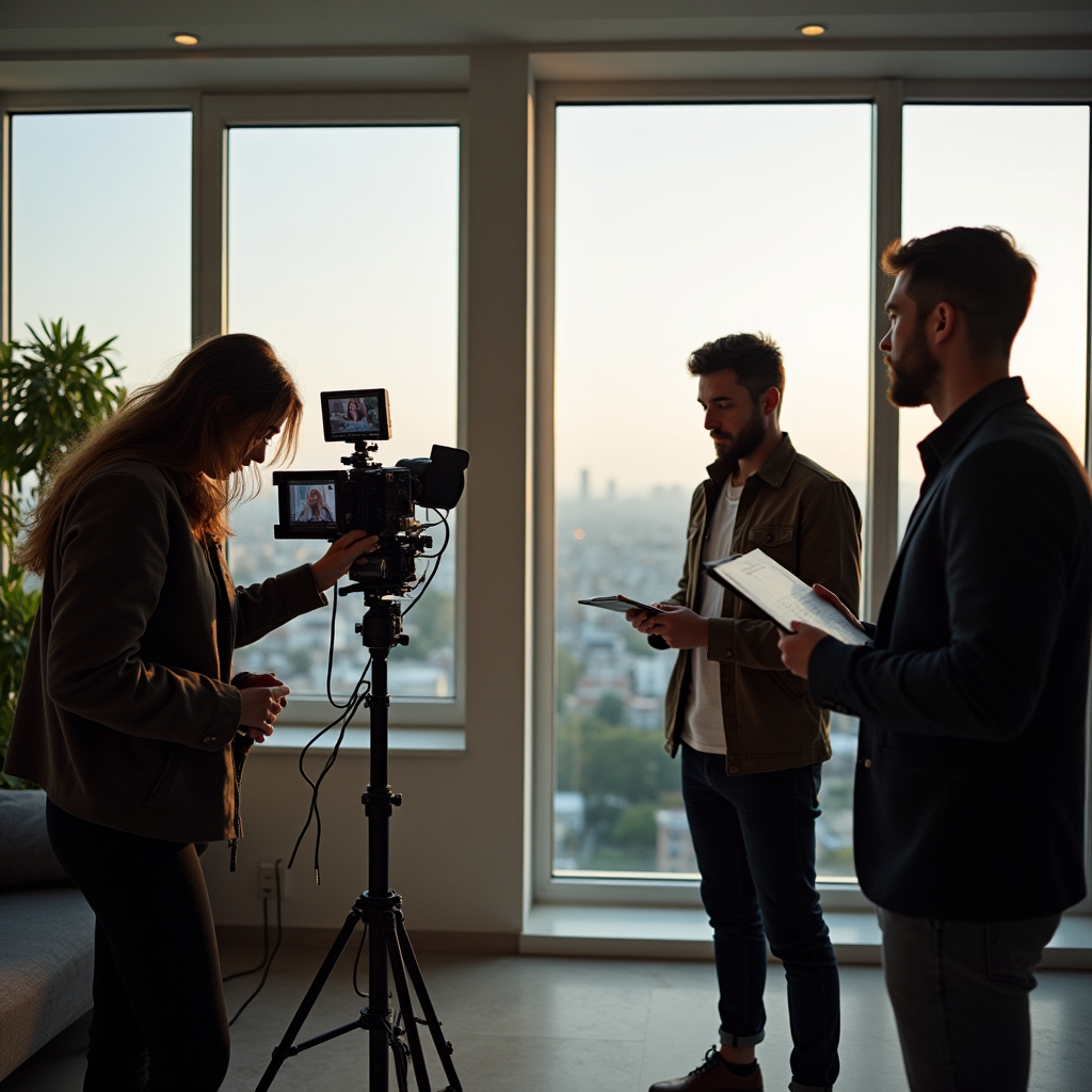 Echipă de producție video pregătind un interviu într-un birou de tip penthouse
