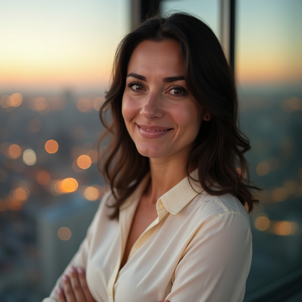 Portret al unei specialiste în analiza datelor într-un birou cu vedere panoramică